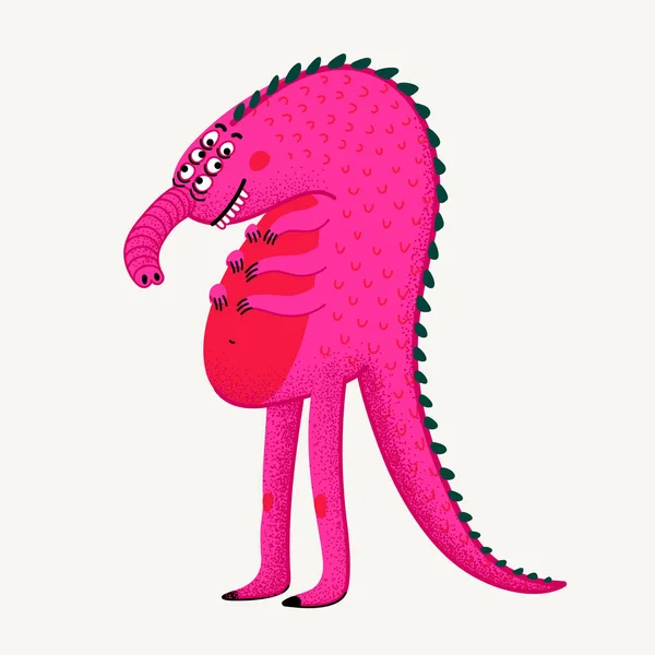 Cute Cartoon Vector Monster Pink Reptile Monster Character Stippled Texture — Stock Vector