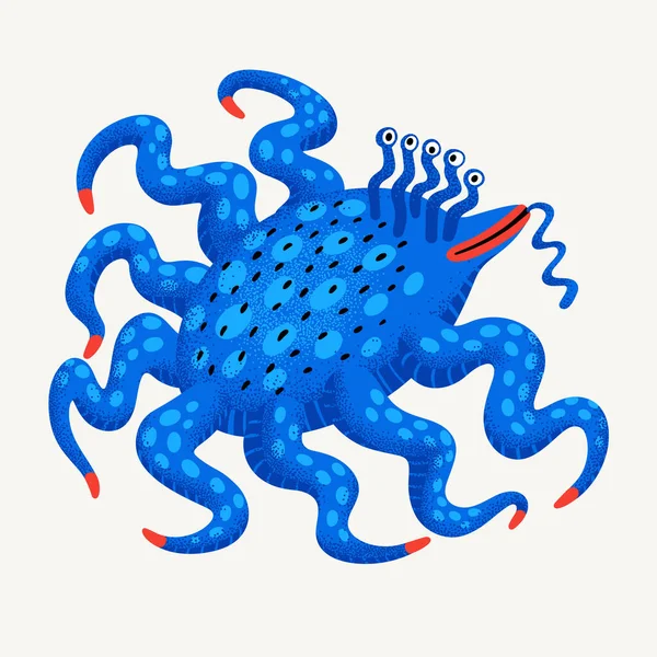 Söt Tecknad Vektor Monster Blå Vatten Monster Karaktär Med Tentakler — Stock vektor