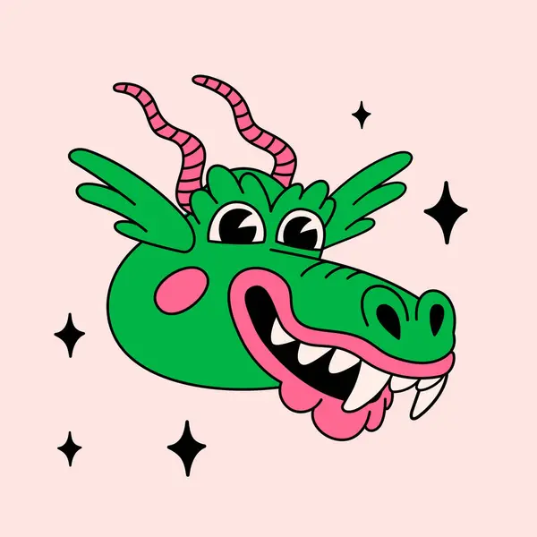 Retro Style Funny Cartoon Dragon Head Groovy Vintage 70S Character — Stock Vector