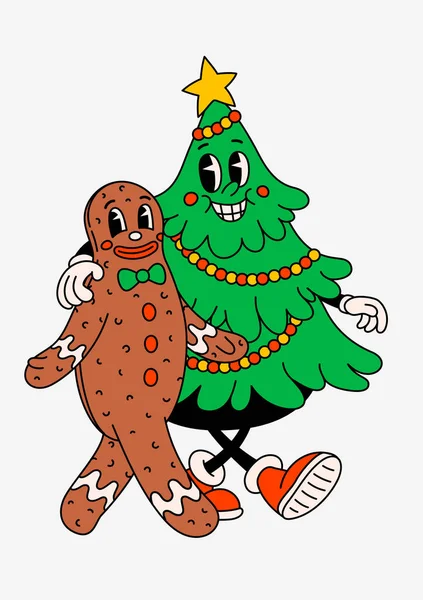 Retro Cartoon Gingerbread Christmas Tree Groovy Vintage 70S Funny Fir — Stock Vector