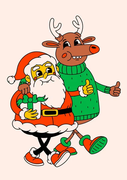 Retro Cartoon Claus Christmas Reindeer Groovy Vintage 70S Funny Santa — Stock Vector