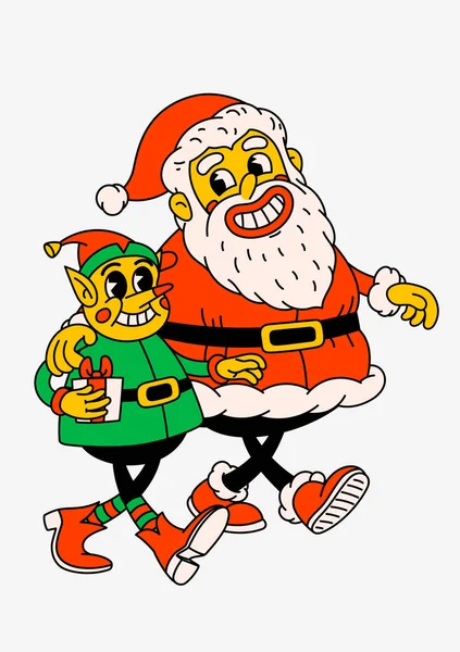 Retro Cartoon Claus Christmas Elf Groovy Vintage 70S Funny Santa — Stock Vector