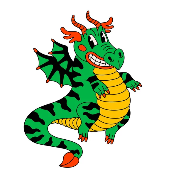 Retro Style Groovy Cartoon Dragon Vintage 70S Funny Smiling Dragon — Stock Vector