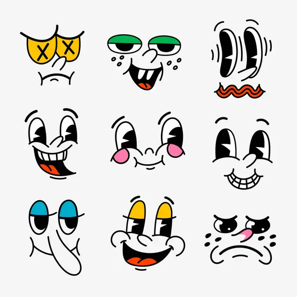 Retro Cartoon Characters Funny Faces Groovy Vintage 30S 60S 70S — Stock Vector