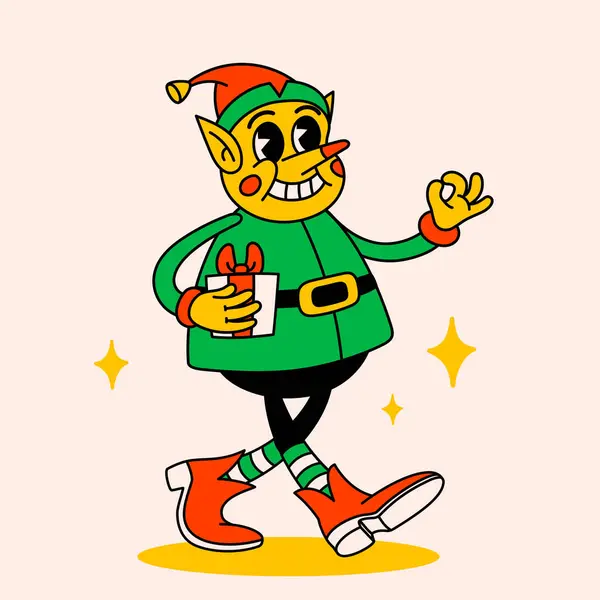 Retro Style Funny Cartoon Christmas Elf Groovy Vintage 70S Elf — Stock Vector