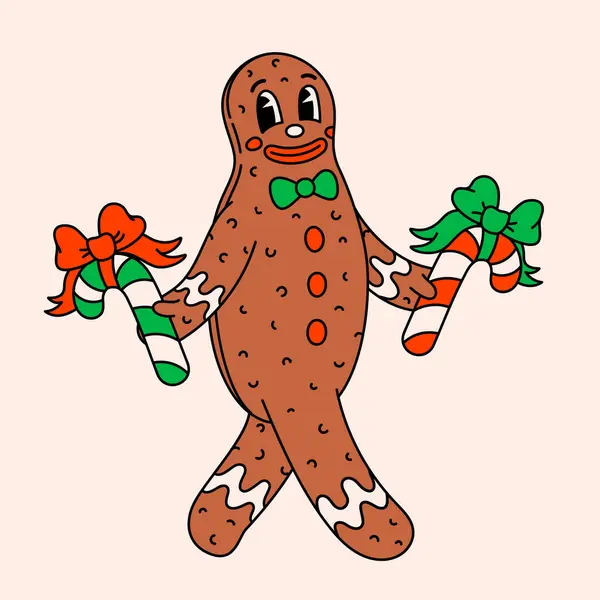 Retro Style Cartoon Christmas Ginger Bread Man Groovy Vintage 70S — Stock Vector