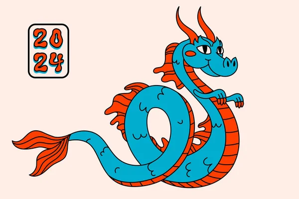 Retro Style Groovy Cartoon Dragon Greeting Card Vintage 70S Funny — Stock Vector