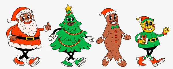 Retro Style Christmas Cartoon Characters Groovy Vintage 70S Funny Black — Stock Vector