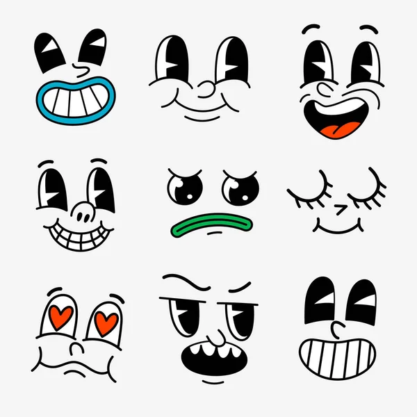Retro Cartoon Characters Funny Faces Groovy Vintage 30S 60S 70S — Stock Vector
