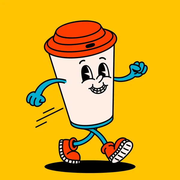 Retro Style Funny Cartoon Coffee Cup Groovy Vintage 70S Coffee — Stock Vector