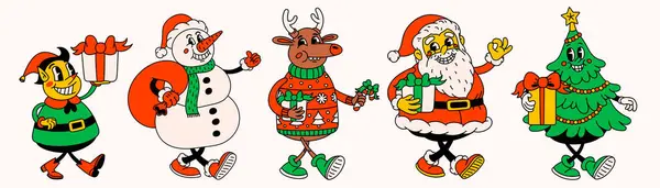 Retro Style Christmas Cartoon Characters Groovy Vintage 70S Funny Santa — Stock Vector