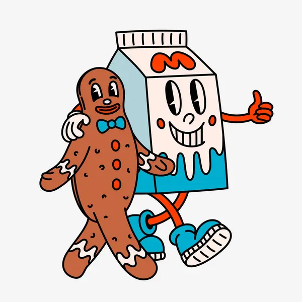 Retro Style Milk Box Gingerbread Man Cartoon Character Groovy Vintage — Stock Vector