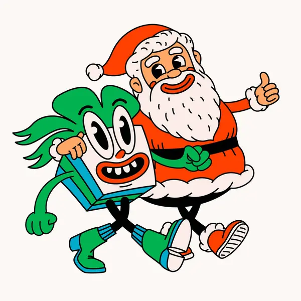 Retro Cartoon Claus Christmas Gift Groovy Vintage 70S Funny Santa — Stock Vector