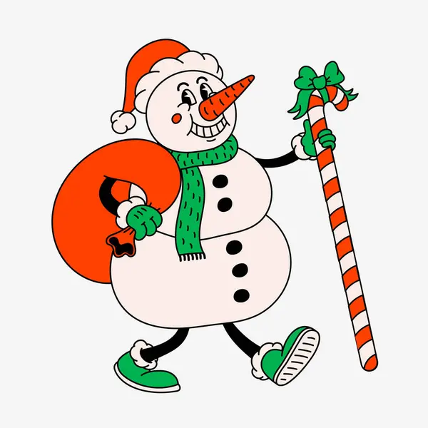 Retro Style Funny Cartoon Snowman Santa Hat Groovy Vintage 70S — Stock Vector