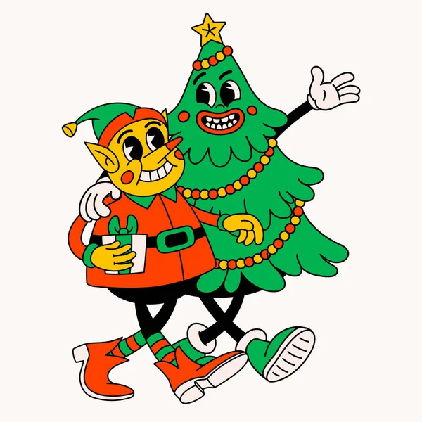 Retro Cartoon Christmas Tree Elf Groovy Vintage 70S Funny Christmas — Stock Vector
