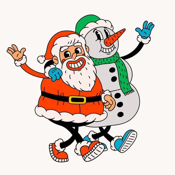 Retro Cartoon Claus Christmas Snowman Groovy Vintage 70S Funny Santa — Stock Vector