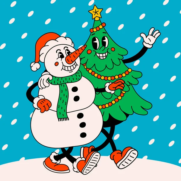 Retro Cartoon Christmas Tree Snowman Groovy Vintage 70S Funny Christmas — Stock Vector