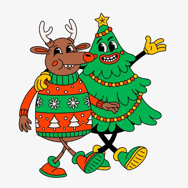 Retro Cartoon Christmas Tree Deer Groovy Vintage 70S Funny Christmas — Stock Vector