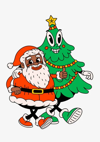 Retro Cartoon Black Santa Claus Christmas Tree Groovy Vintage 70S — Stock Vector
