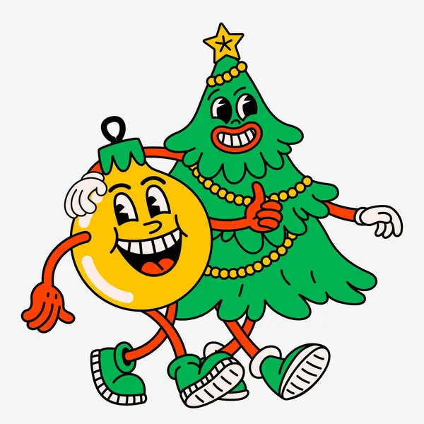 Retro Cartoon Christmas Tree Ball Groovy Vintage 60S Funny Christmas — Stock Vector