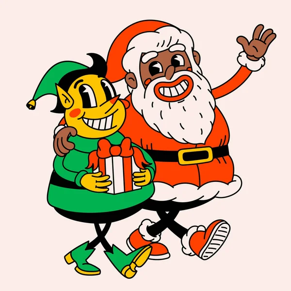 Retro Cartoon Black Santa Claus Christmas Elf Groovy Vintage 60S — Stock Vector