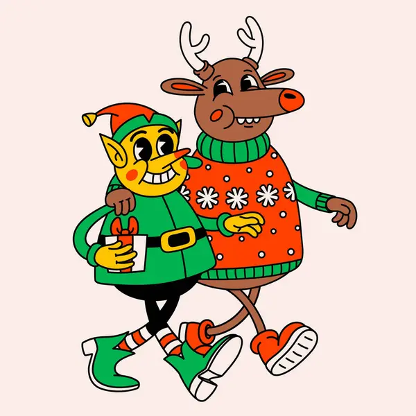 Retro Cartoon Christmas Deer Elf Groovy Vintage 70S Funny Reindeer — Stock Vector
