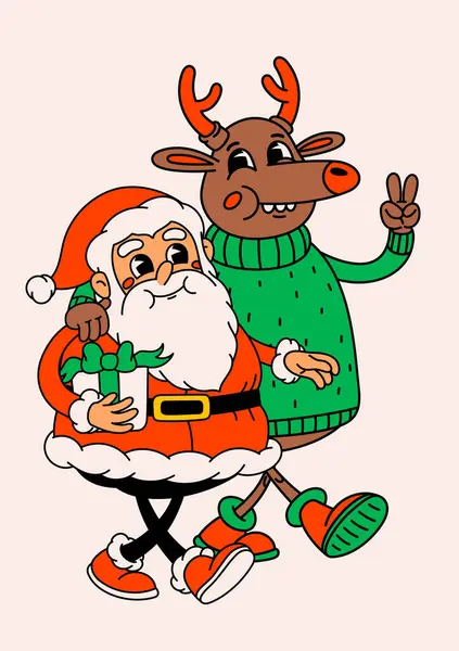 Retro Cartoon Santa Claus Christmas Deer Groovy Vintage 30S Funny — Stock Vector