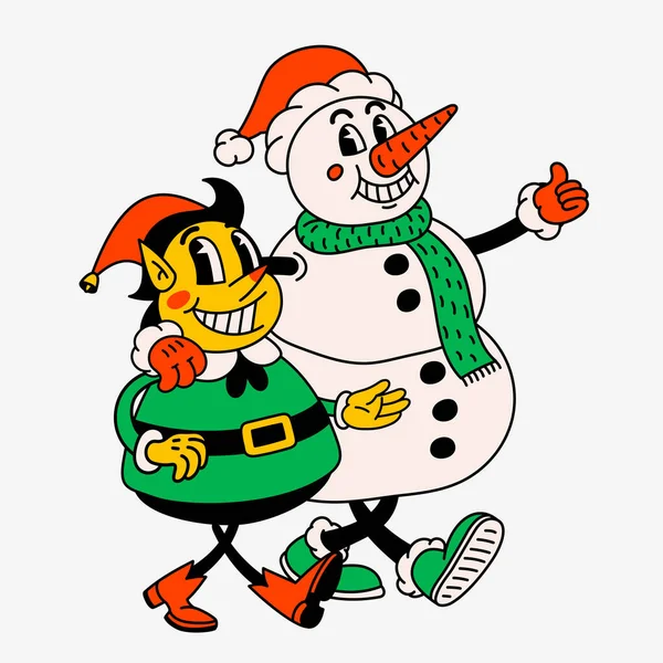 Retro Cartoon Elf Snowman Groovy Vintage 70S Funny Elf Snowman — Stock Vector
