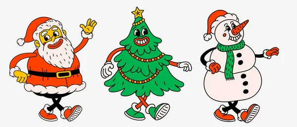 Retro Style Christmas Cartoon Characters Groovy Vintage 70S Funny Santa — Stock Vector