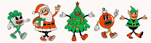 Retro Style Christmas Cartoon Characters Groovy Vintage 30S Funny Santa — Stock Vector