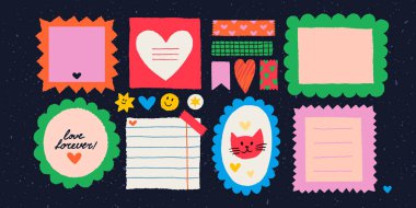 Çıkartmalarla ilgili not defteri. Aşk notları, hatırlatmalar, listeler ve planlamacılar için yırtık kenarlı vektör vintage notlar ve sayfaları ve grunge kağıt dokusu. El çizimi Çizgi film illüstrasyonu