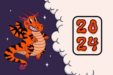 Çin ejderhası, 2024 ay sembolü. Uçan ejderhalı Çin yeni yıl posteri. Modaya uygun çizgi film vektör çizimi