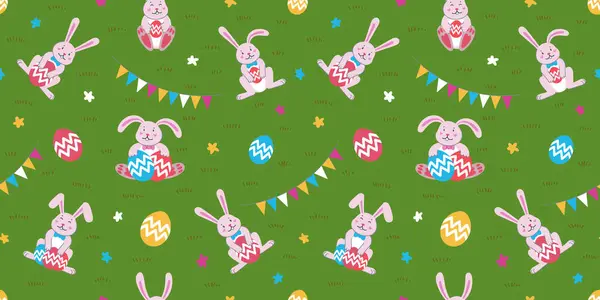 Feliz Pascua Patrón Sin Costuras Con Lindos Conejitos Sosteniendo Huevos Vector De Stock