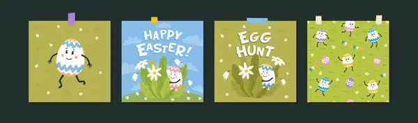 ハッピーイースターセット キュートイースターカラーの卵を隠し 緑の芝生で楽しむグリーティングカード 卵狩り活動 バナーと休日のカバーのためのベクトル漫画イラスト ストックイラスト