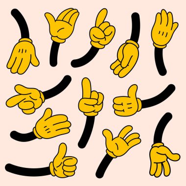 Retro cartoon arms in gloves. Vintage 50s, 60s comic style hands set. Cartoon vector illustration clipart