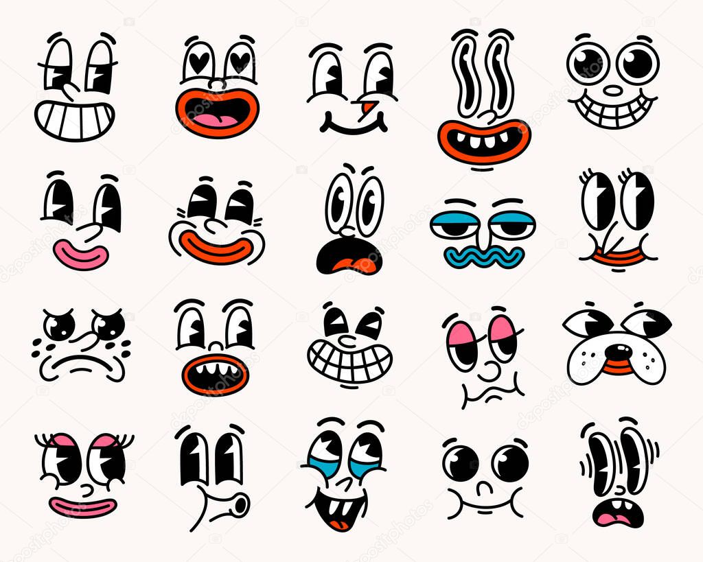 Retro cartoon characters funny faces. Groovy vintage 30s 60s 70s smiley face mascots with various emotions Ideal for character design, animation, stickers, vector illustration.
