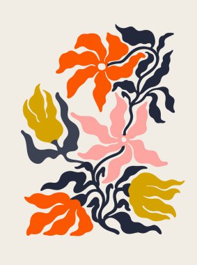 Çiçek soyut çağdaş posteri. Modern Matisse stilinde moda parlak renkler. Retro biçim vektör illüstrasyonu