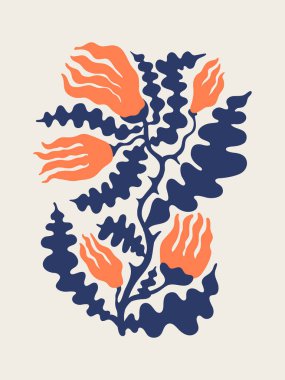 Minimalist soyut çiçek posteri. Matisse ya da İskandinav tarzında modern sanat illüstrasyonu. Sakin ve kontrollü bir tonda. Retro biçim vektör illüstrasyonu