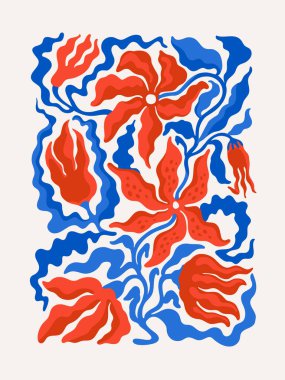 Modern Matisse Çiçek Vektörü posterine ilham verdi. Sanat tasarımı için soyut Groovy çiçek şekilleri mavi ve kırmızı renklerde. Retro biçim vektör illüstrasyonu