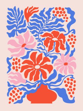 Çiçek soyut çağdaş posteri. Pembe arka planda kırmızı bir vazoda renkli çiçekler. Parlak renkli modern sanat eserleri. Retro-style vektör çizimi