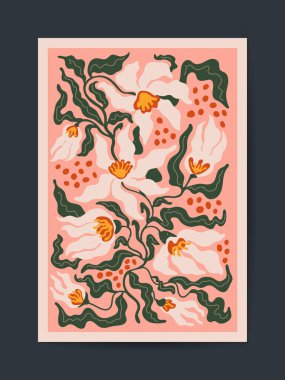 Yumuşak şeftali ve koyu yeşil tonlarda soyut çiçek sanat vektör çizimi. Sanat tasarımı için soyut Groovy çiçek şekilleri mavi ve kırmızı renklerde. Retro biçim vektör illüstrasyonu