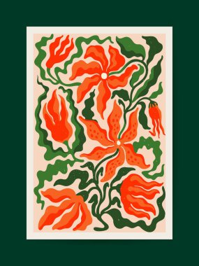 Kalın turuncu zambaklar ve yeşil yapraklarla dolu canlı soyut vektör sanatı modern duvar dekorları, posterler ve yaratıcı projeler için idealdir. Modern stil tasarım vektör illüstrasyonlu organik şekiller