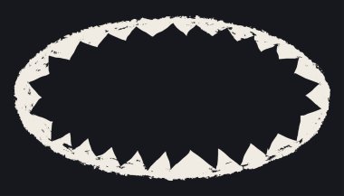 Yırtık kenarlı Grunge tarzı oval çerçeve. Yuvarlak şekilli, zikzak yırtılmış kenarlı. vektör kolajı yırtık kağıt parçası veya koyu arkaplanda eski boya lekesi silueti.