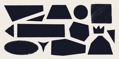 Yırtık kenarlı basit geometrik şekiller. Yırtık kenarlı Grunge tarzı siyah çerçeveler. Siyah kolaj yırtık kağıt parçası ya da hafif arkaplanda eski boya lekesi siluetleri. Çıkartma için vektör