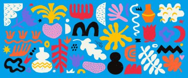 Çeşitli şekillerden, figürlerden ve serbest şekillerden oluşan soyut bir set, mavi renkli renkli renkli çizimler. Çeşitli bitki ve karalama desenleri dizayn elementlerinin modern modaya uygun vektör etiketi