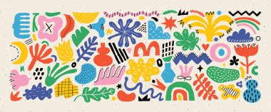 Çeşitli şekiller, şekiller ve serbest şekilli kabarcıklar. Çeşitli bitki ve karalamalardan oluşan modern moda vektör etiketi, desen ve tasarım elementleri el çizimi renkli kalem stilinde.