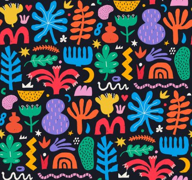 Çeşitli şekillerde, figürlerde ve serbest şekillerde soyut, pürüzsüz desenler. Elinde çeşitli bitkiler ve karalamalarla modern modaya uygun renksiz arka plan