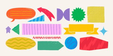 Kaba saba şekilli, çeşitli desenleri olan basit şekiller. El yapımı vintage rozetler, afişler ve desenli diğer formlar. Elle çizilmiş bilgi vektörü koleksiyonu.