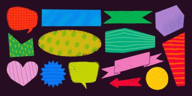 Kaba saba şekilli, çeşitli desenleri olan basit şekiller. El yapımı klasik ders kutuları, afişler ve desenli diğer formlar. Elle çizilmiş bilgi vektörü koleksiyonu.