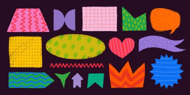 Kaba saba şekilli, çeşitli desenleri olan basit şekiller. El yapımı klasik ders kutuları, afişler ve desenli diğer formlar. Elle çizilmiş bilgi vektörü koleksiyonu.